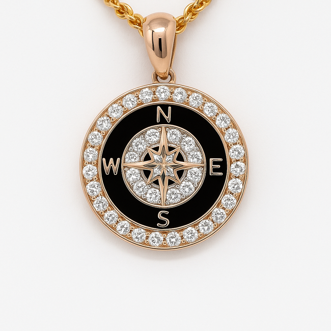 Black onyx (1.72 ct) & diamond (0.34 ctw) compass pendant 14k yellow gold 3.0 gr
