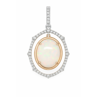 Opal (5.15 ct) & diamond (0.36 ctw) oval dancing pendant 14k yellow gold 5.8 gr