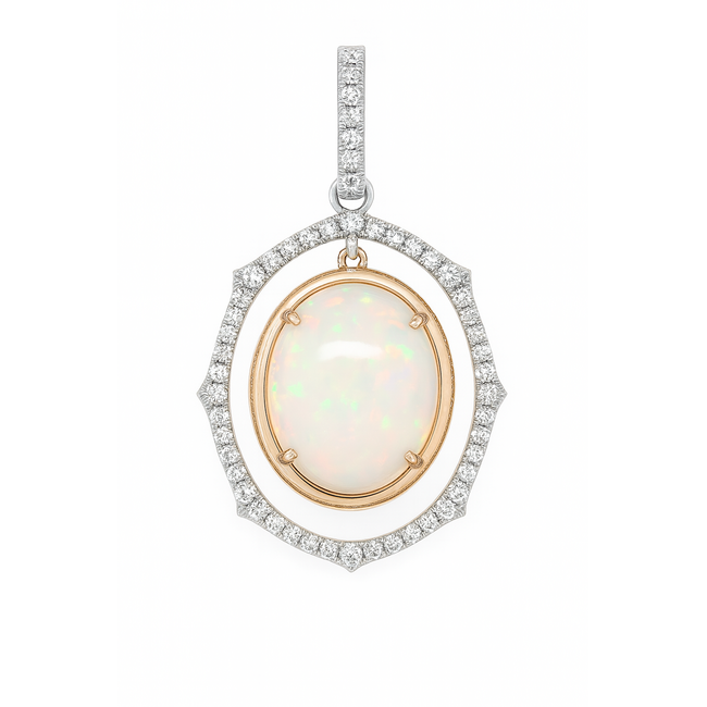 Opal (5.15 ct) & diamond (0.36 ctw) oval dancing pendant 14k yellow gold 5.8 gr