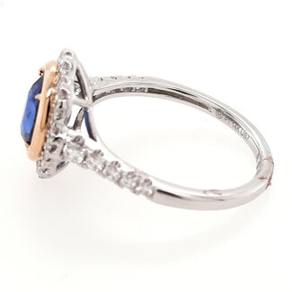 Sapphire (1.69 ct) & diamond (0.28 ctw) oval halo ring 14k white & yellow gold 4.7 gr