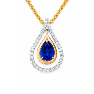 Sapphire (1.58 ct) & diamond (0.20 ctw) dancing pear pendant 14k white & yellow gold 2.7 gr