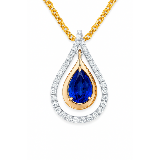 Sapphire (1.58 ct) & diamond (0.20 ctw) dancing pear pendant 14k white & yellow gold 2.7 gr