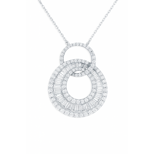 Diamond (1.0 ctw) round/baguette double circle necklace 14k white gold 3.4 gr