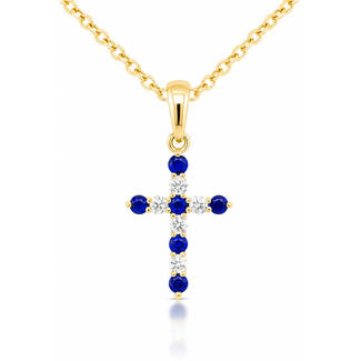 Sapphire (0.33 ctw) & diamond (0.23 ctw) cross pendant 14k yellow gold 3.4 gr