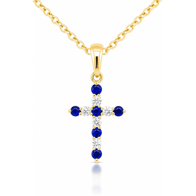 Sapphire (0.33 ctw) & diamond (0.23 ctw) cross pendant 14k yellow gold 3.4 gr
