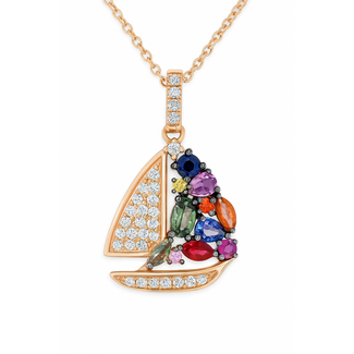 Multi color sapphire (1.19 ctw) & diamond (0.25 ctw) sailboat necklace 14k yellow gold 4.5 gr