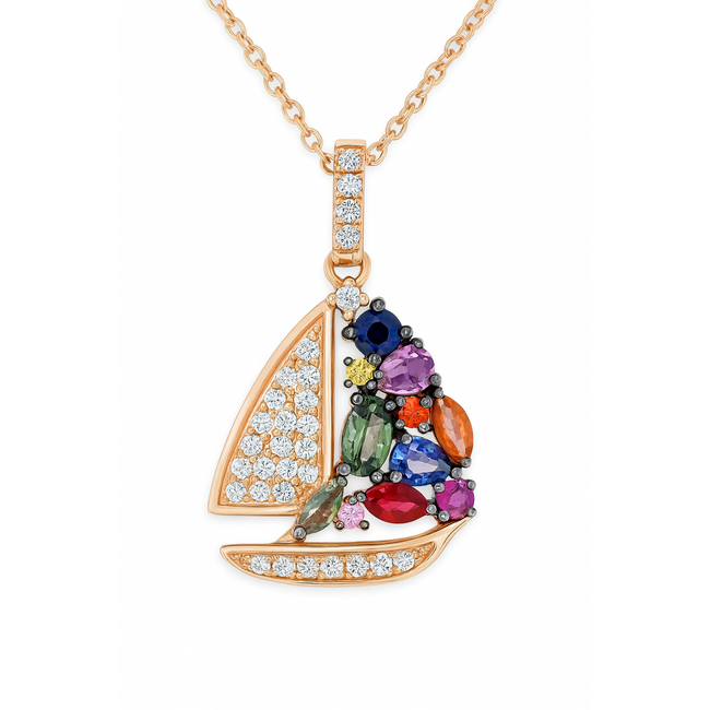 Multi color sapphire (1.19 ctw) & diamond (0.25 ctw) sailboat necklace 14k yellow gold 4.5 gr