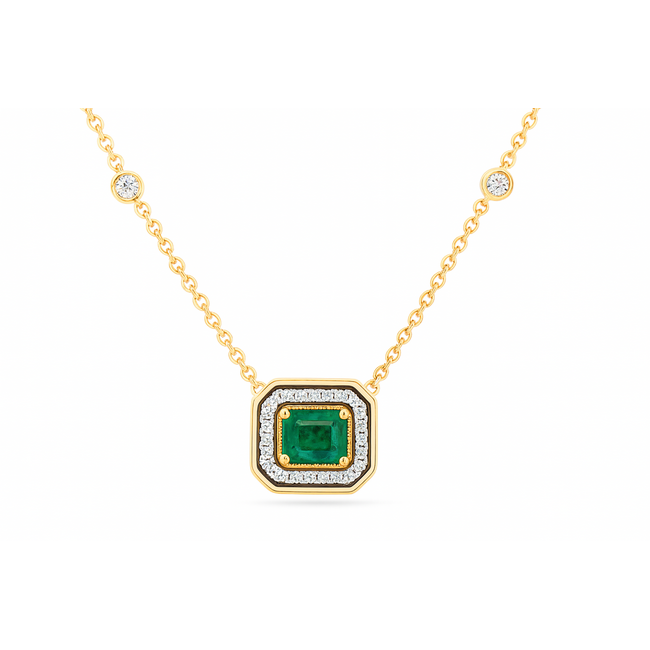 Emerald (0.33 ct) & diamond (0.15 ctw) necklace 14k yellow gold 3.3 gr