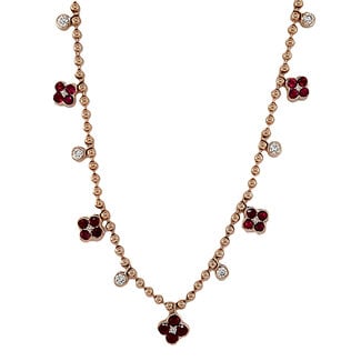 Ruby (1.08 ctw) & diamond (0.30 ctw) floral necklace 14k yellow gold 6.3 gr