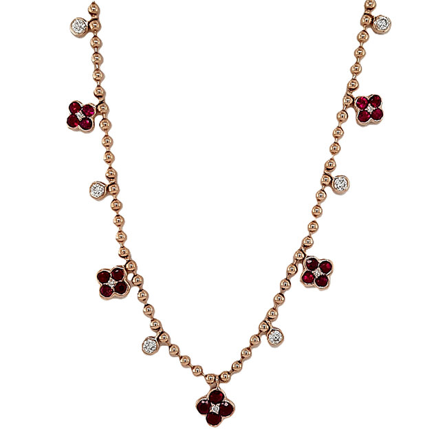 Ruby (1.08 ctw) & diamond (0.30 ctw) floral necklace 14k yellow gold 6.3 gr