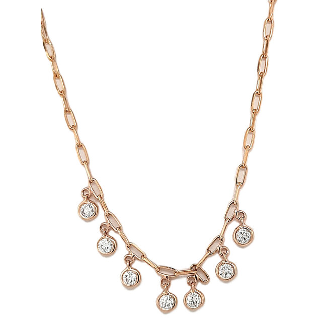 Diamond (0.51 ctw) bezel set 7 stone dangle necklace w/paperclip chain 14k yellow gold 4.1 gr