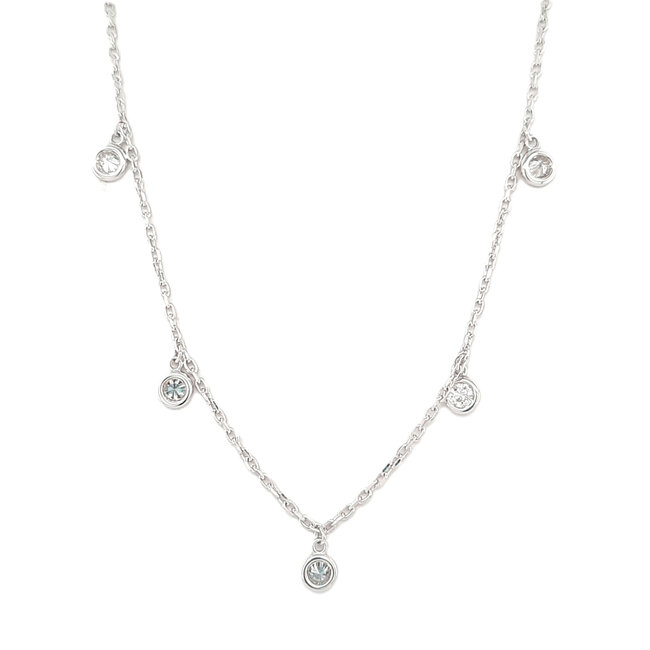 Diamond (0.47 ctw) 7 stone dangle necklace bezel set 14k white gold 3.1 gr