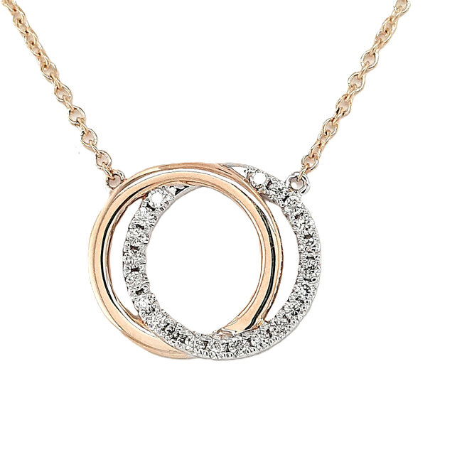 Diamond (0.21 ctw) double circle necklace 14k white & yellow gold 3.3 gr