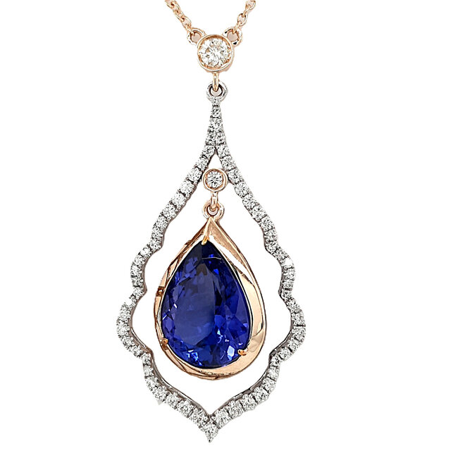 Tanzanite (5.24 ct) & diamond (0.60 ctw) dancing pear pendant 14k yellow gold8.5 gr