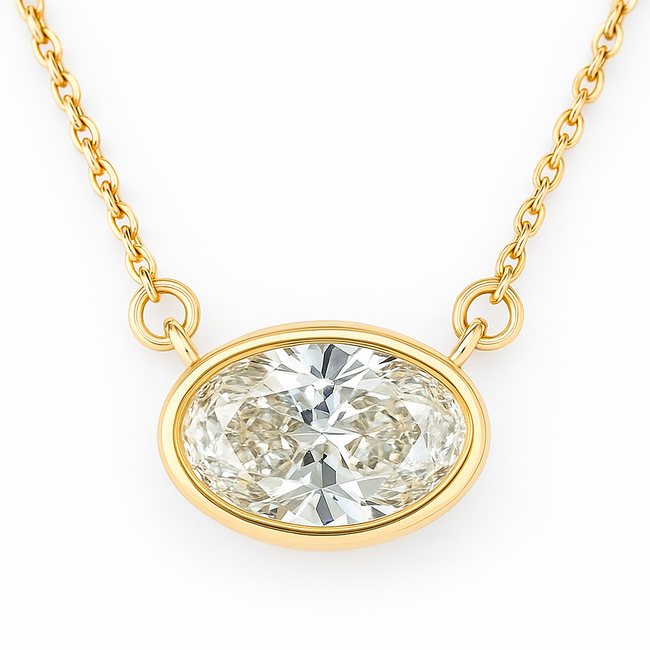 LAB GROWN Diamond (3.0 ct) bezel set oval necklace 14k yellow gold 5.9 gr