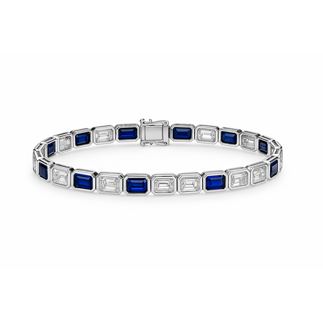 LAB GROWN Sapphire (8.9 ctw) & lg diamond (9.6 ctw) tennis bracelet 14k white gold 10.4 gr