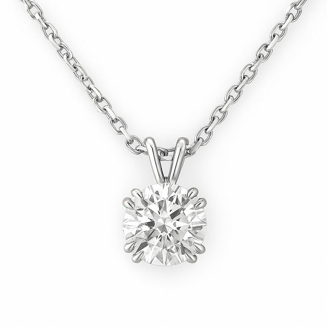 LAB GROWN Diamond (1.0 ct) round solitaire pendant w/chain 14k white gold 2.8 gr