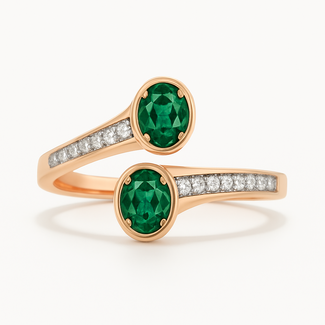 Emerald (0.28 ctw) & diamond (0.22 ctw) bypass ring 14k yellow gold 4.6 gr