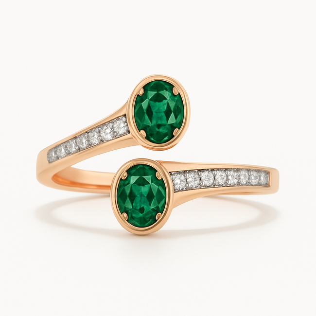 Emerald (0.28 ctw) & diamond (0.22 ctw) bypass ring 14k yellow gold 4.6 gr