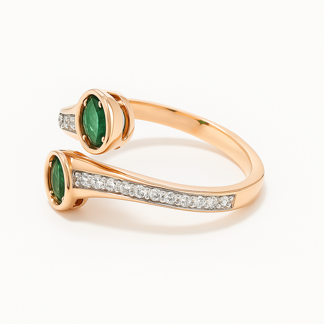 Emerald (0.28 ctw) & diamond (0.22 ctw) bypass ring 14k yellow gold 4.6 gr