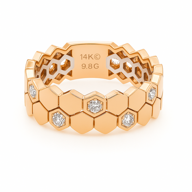 Diamond (0.20 ctw) geometric honeycomb ring 14k yellow gold 4.7 gr