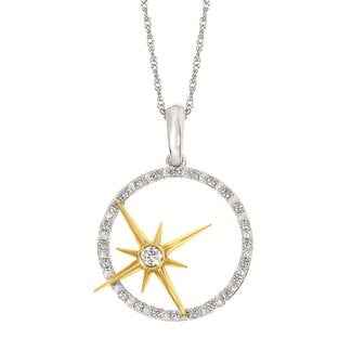 **Diamond (0.12 ctw) starburst in circle pendnt w/chain 14k white & yellow gold