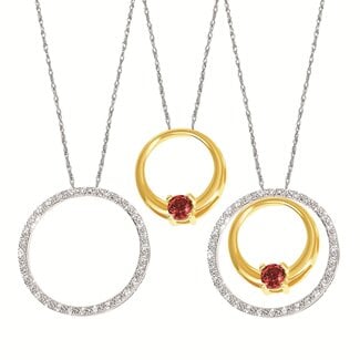 **Diamond (0.10 ctw) circle/ruby (0.15 ct) enhancer pendant w/chain 14k white & yellow gold