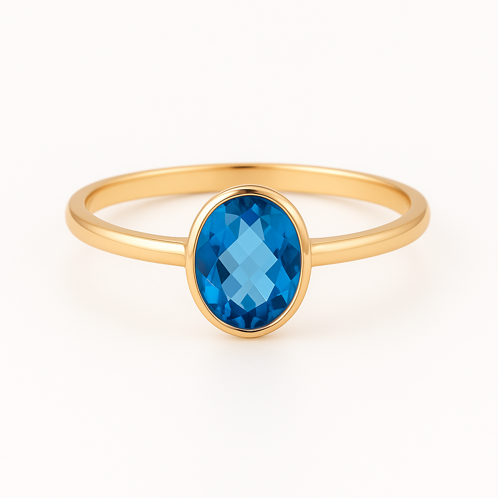 Blue topaz (2.22 ct) oval checkerboard cut bezel set solitaire ring 18k ...