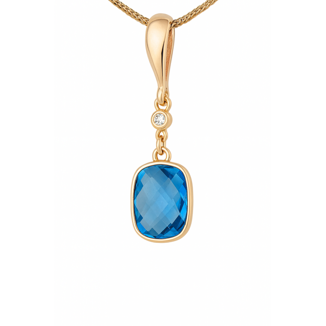 Blue topaz (2.07 ct) diamond accented cushion cut pendant 18k yellow gold