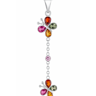 Multi-color sapphire (1.65 ctw) double butterfly dangle pendant 18k white gold 0.4 gr