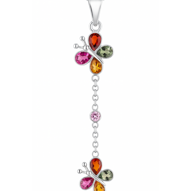 Multi-color sapphire (1.65 ctw) double butterfly dangle pendant 18k white gold 0.4 gr