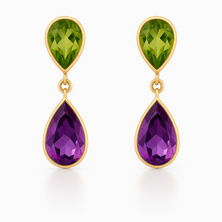 Amethyst (1.88 ctw) & peridot (0.83 ctw) pear shape drop earrings 18k yellow gold