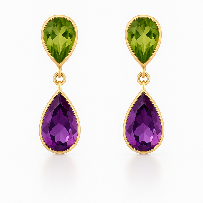 Amethyst (1.88 ctw) & peridot (0.83 ctw) pear shape drop earrings 18k yellow gold