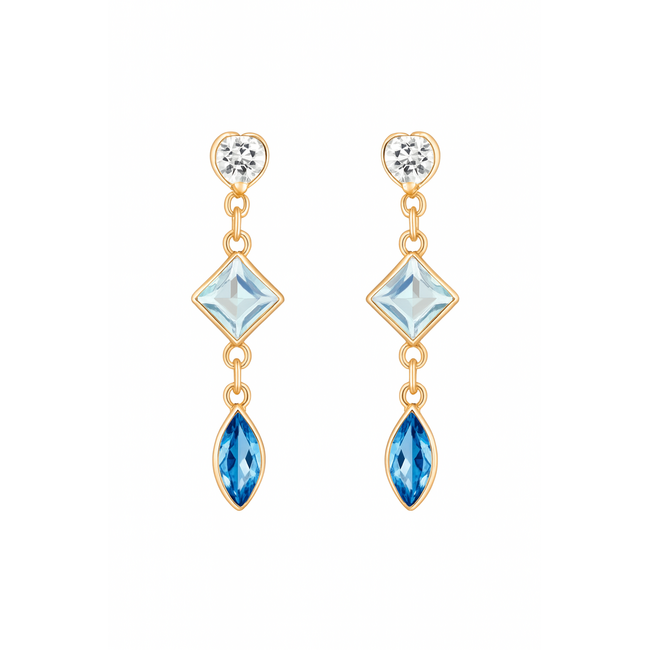 Blue & white topaz (1.80 ctw) multi shape 3 stone dangle earrings 18k yellow gold