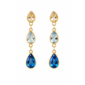 Blue & white topaz (1.82 ctw) pear 3 stone dangle earrings 18k yellow gold