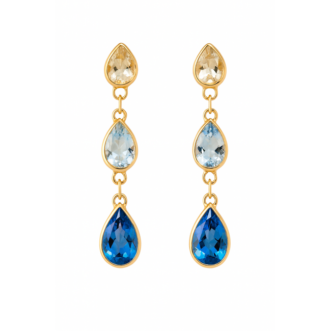 Blue & white topaz (1.82 ctw) pear 3 stone dangle earrings 18k yellow gold