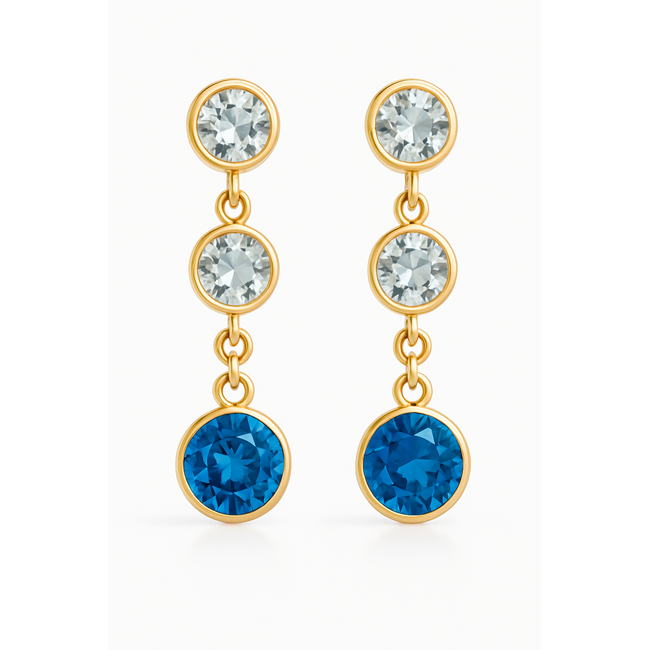 Blue & white topaz (2.09 ctw) 3 stone dangle earrings 18k white gold