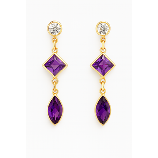 Amethyst & white topaz (1.34 ctw) 3 stone dangle earrings 18k yellow gold