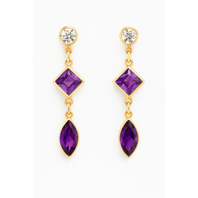 Amethyst & white topaz (1.34 ctw) 3 stone dangle earrings 18k yellow gold