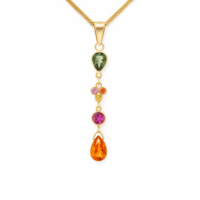 Multi color sapphire (0.74 ctw) dangle pendant 18k yellow gold 0.2 gr