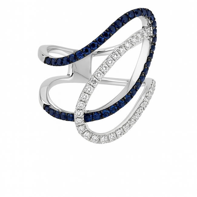 Blue sapphire (0.40 ctw) & diamond (0.30 ctw) swirl ring 18k white gold