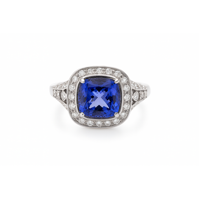 Tanzanite (4.63 ct) & diamond (1.37 ctw) square halo ring 14k white gold