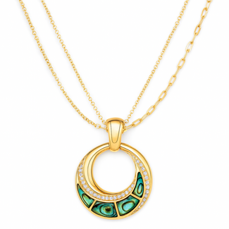 Abalone (1.2 ctw) & diamond (0.10 ctw) circle pendant w/double chain 14k yellow gold