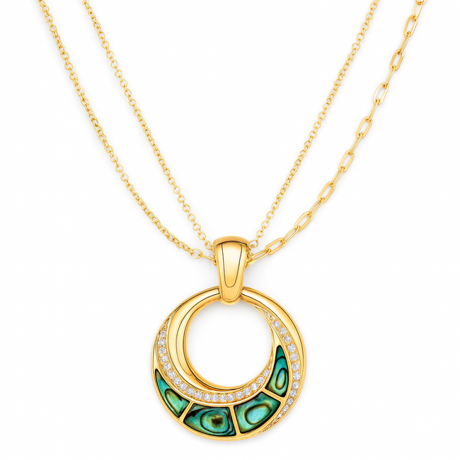 Abalone (1.2 ctw) & diamond (0.10 ctw) circle pendant w/double chain 14k yellow gold