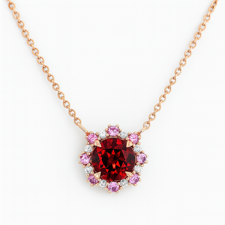Garnet (0.66 ct) & pink sapphire (0.10 ctw) & diamond (0.04 ctw)  halo necklace 14k rose gold