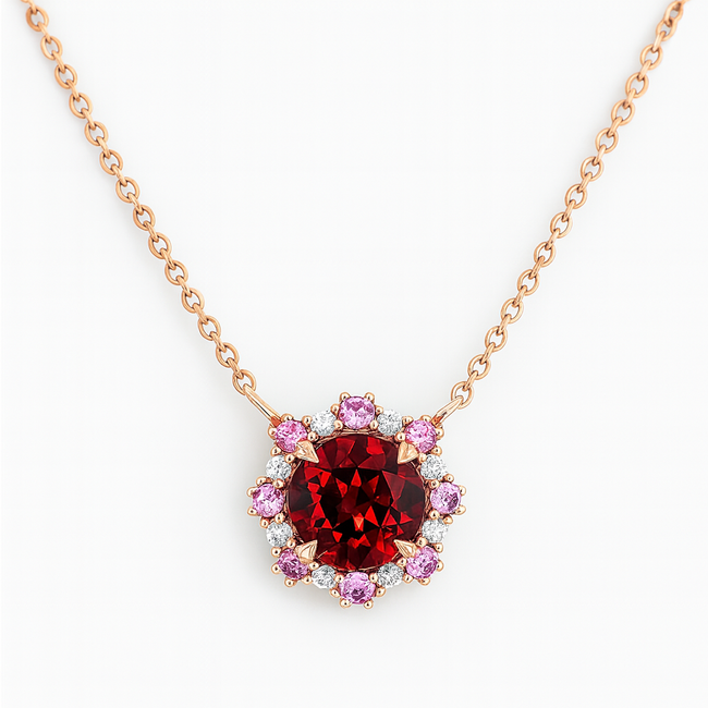 Garnet (0.66 ct) & pink sapphire (0.10 ctw) & diamond (0.04 ctw)  halo necklace 14k rose gold
