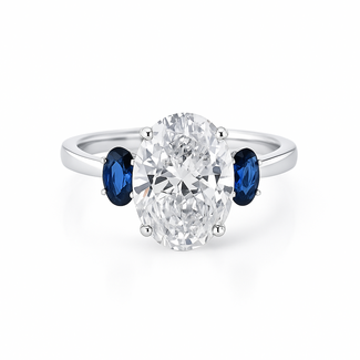LAB  GROWN Diamond (3.01 ct) & LG sapphire (0.33 ctw) 3 stone ring 14k white gold 2.2 gr