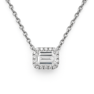LAB GROWN Diamond (0.77 ctw) emerald cut halo necklace 14k white gold 2.6 gr