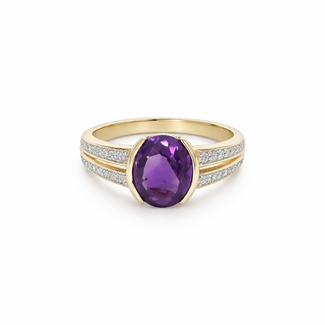 Amethyst & diamond (5.0 ctw) semi bezel set ring 14k yellow gold