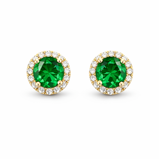 Green garnet (0.85 ctw) & diamond (0.13 ctw) round halo earrings 14k yellow gold 1.6 gr